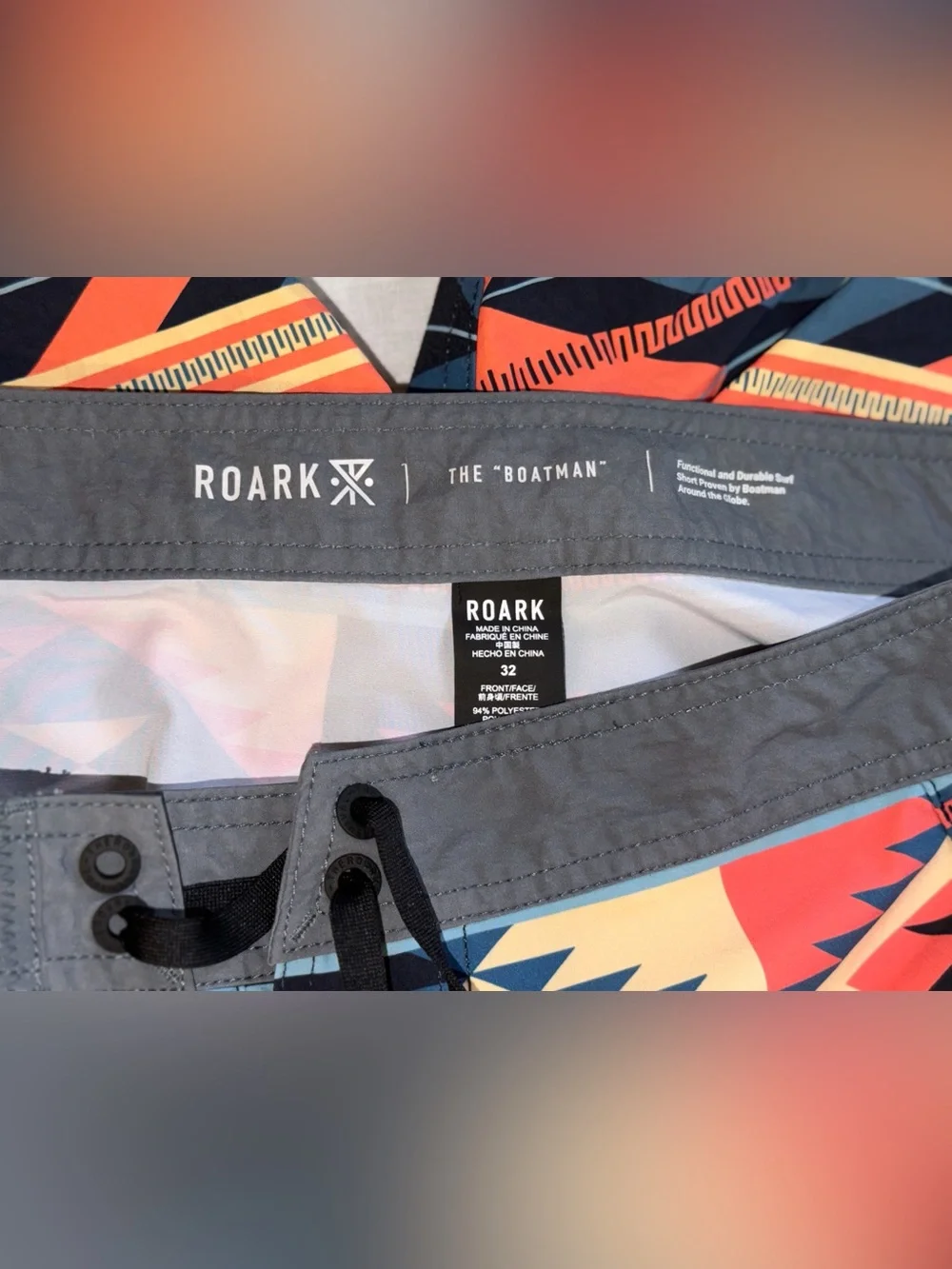 Roark Men’s Coral, Navy & Cream Aztec Swim Board Shorts
